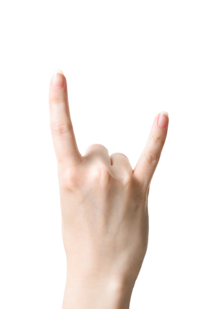 Woman hand rocker whith pale skin isolated on white. の写真素材