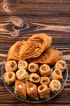 Turkish sweet baklava on plate with Turkish tea.の写真素材