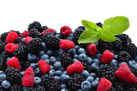 Blackberry, raspberry, blueberry and mint background.の写真素材