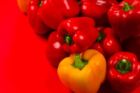 Fresh red, yelow, green bell pepper on a red background. の写真素材