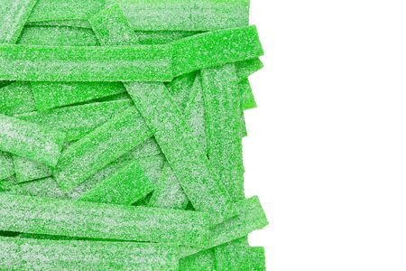 Green juicy gummy candies background. Top view. Jelly  sweets.の写真素材