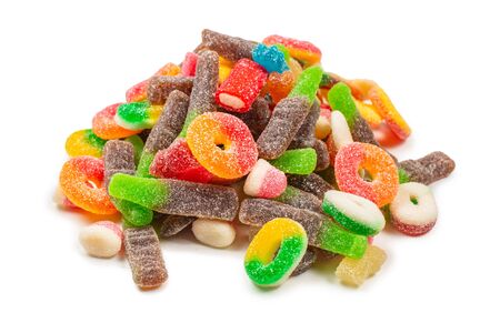 Assorted gummy candies. Top view. Jelly  sweets. Isolated on white.の写真素材