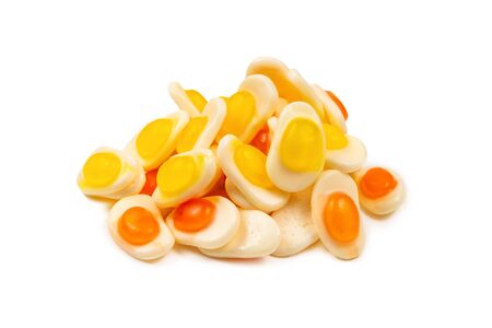 Eggs gummy candies. Top view. Jelly  sweets. Isolated on white.の写真素材