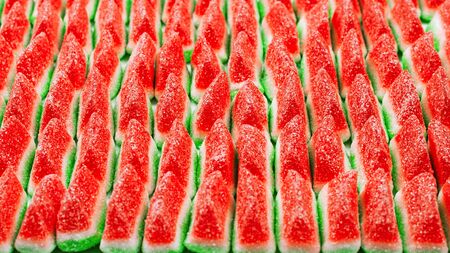 Watermelon jelly sweets. Tasty chewing candies. Top view.の写真素材
