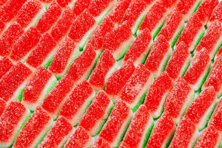 Watermelon jelly sweets. Tasty chewing candies. Top view. の写真素材