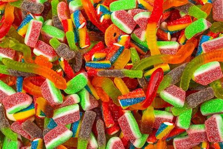 Assorted tasty gummy candies. Top view. Jelly  sweets background. の写真素材