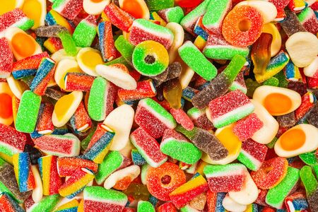Assorted gummy candies. Top view. Jelly  sweets background.の写真素材