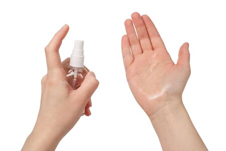 Hand disinfection isolated on white background. の写真素材