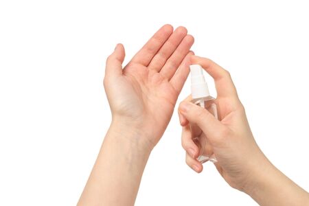 Hand disinfection isolated on white background.  Top view. の写真素材