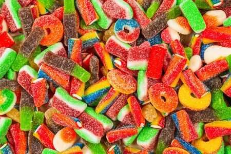 Assorted gummy candies. Top view. Jelly  sweets background. の写真素材