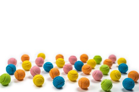 Colorful tennis balls isolated on white. Top view.の写真素材