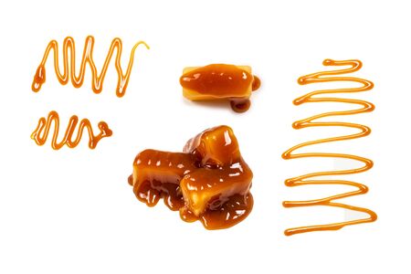 Tasty caramel sauce isolated on white background. Copy space.の写真素材