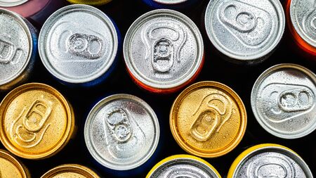 Group of aluminium cans, cold drink. Top view.