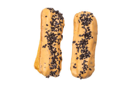 Fresh tasty eclairs isoalted on white background. Top view.の写真素材