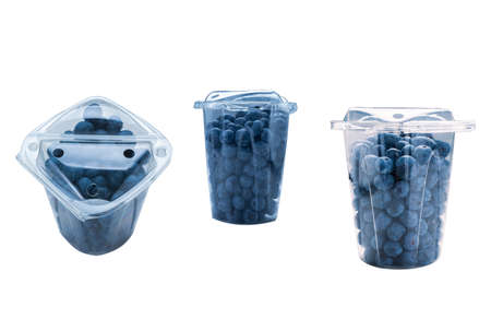 Blueberries in a plastic container isolated on white background.の写真素材