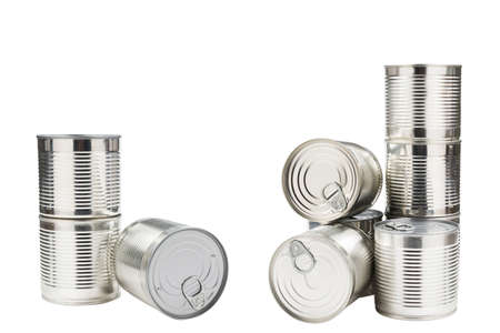 Group of silver canned food on white background.の写真素材