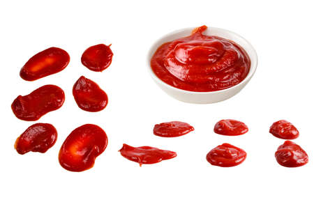 Red sauce splashes isolated on white background. Ketchup.の写真素材