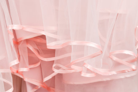 Wedding dress detail. Pink wedding dress frills close up.の写真素材