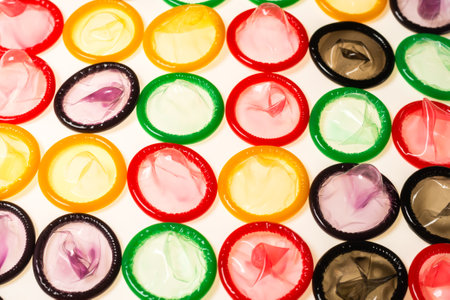 Colorful condoms background. Top view.の写真素材