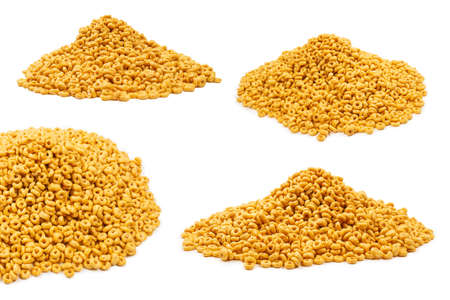 Corn-flakes background and texture. Top view. Honey rings cereal box for morning breakfast.の写真素材