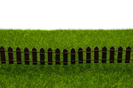 Green grass and fence isolated on white background.の写真素材