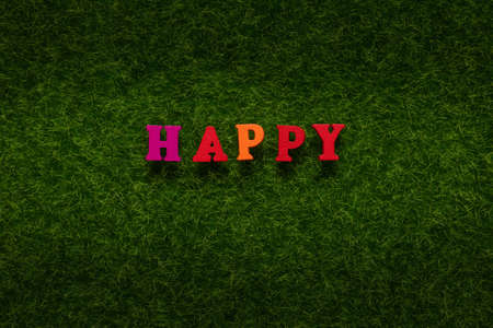 Happy text on a green grass. Top view.の写真素材