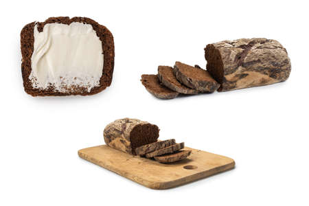 Brown bread and cheese isolated on white background.