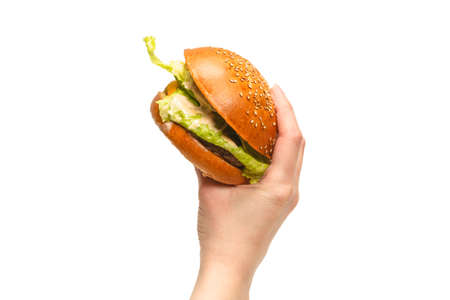 Hamburger in woman hands isolated on a white background. Top view.の写真素材