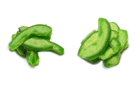 Slices of dried pummelo isolated on white background. Top view.の写真素材