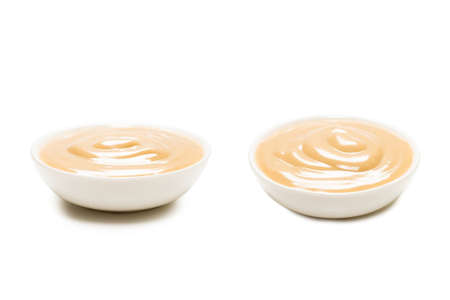 Mushroom sauce in a bowl isolated on white background. Top view.の写真素材