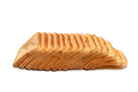 Delicious bread slices isolated on a white background, top view.