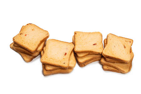 Delicious bread slices isolated on a white background, top view.の写真素材
