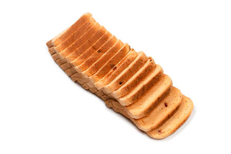 Delicious bread slices isolated on a white background, top view.