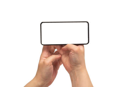 Smart phone in man hand isolated on white background. White screen. Copy space.
