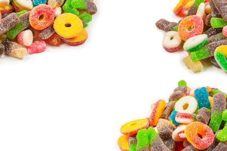 Assorted gummy candies. Top view. Jelly sweets. Isolated on white.の写真素材