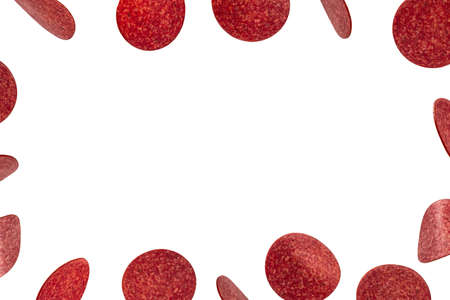 Falling tasty salami isolated on white background.の写真素材