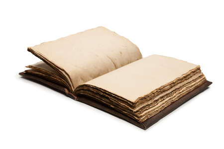 An open empty old notebook isolated on a white background. Copy space.の写真素材