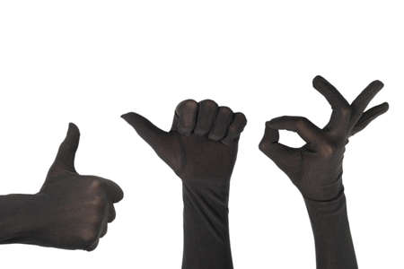 Ok symbol. Woman in long black gloves isolated on a white background.の写真素材