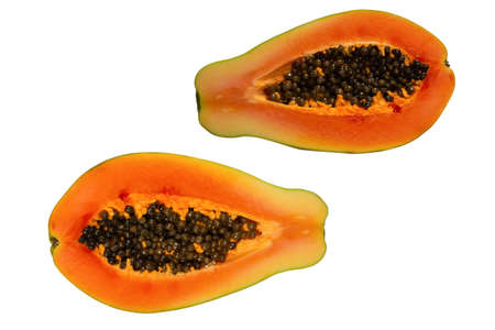Papaya fruit isolated on a white background. Tropical fruit. Half papaya. Top view.の写真素材