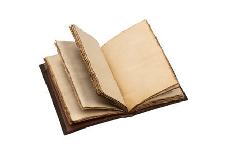An open empty old notebook isolated on a white background. Copy space.の写真素材
