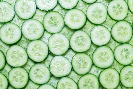Fresh green slices of cucumber as background. Top view.の写真素材