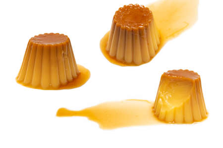 Tasty caramel pudding isolated on a white background. Top view.の写真素材