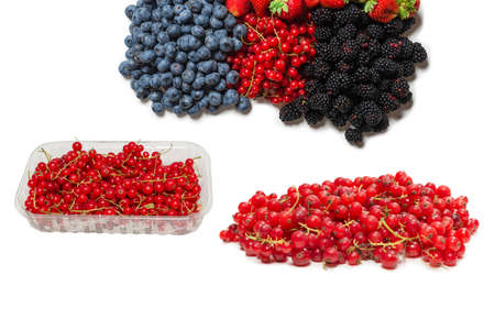 Blackberry, raspberry, blueberry, red currant isolated on a white background. Top view.の写真素材