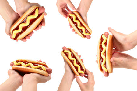 Hot dog in woman hand isolated on white background. Copy space.の写真素材