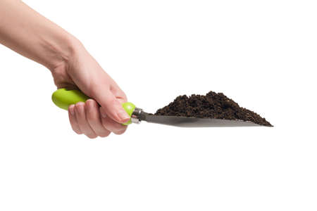 Little green shovel with soil in woman hand isolated on white background.の写真素材