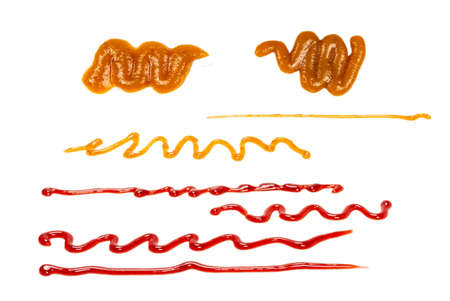 Red strawberry jam splashes isolated on white background. Top view.の写真素材