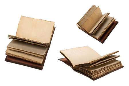 An open empty old notebook isolated on a white background. Copy space.の写真素材