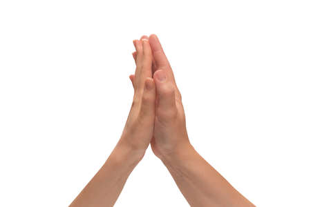 Man and woman hand isolated on a white background. Support, friendship, handshake.の写真素材