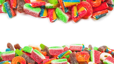 Assorted gummy candies. Top view. Jelly sweets background.