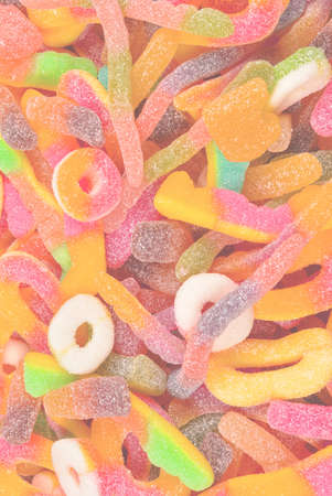 Assorted gummy candies. Top view. Jelly sweets.